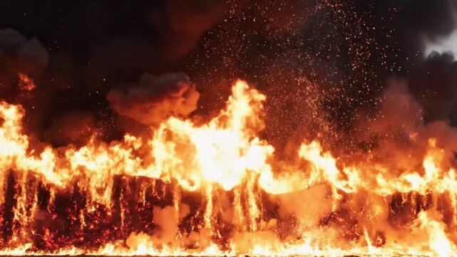 Inferno in the dark: A dramatic, high-angle view captures the raw power of a devastating fire engulfing a building. Orange flames billow and dance against the darkness.