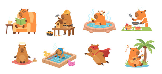 Adorable pixel capybaras enjoying various daily activities and fun