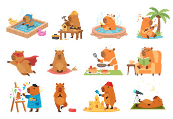 Adorable Pixel Art Capybaras Engaging in Daily Activities and Hobbies