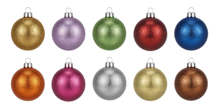 Multicolor Glitter Christmas Ornaments Set. Ten Festive Baubles in Gold, Violet, Green, Red, Blue, Orange, Pink, Silver, Yellow, and Brown, Isolated on Transparent Background.