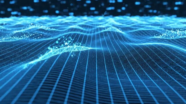 Digital Waveform: This image captures a dynamic digital waveform in shades of blue, the grid lines and undulating patterns evoke a sense of technological advancement, motion.