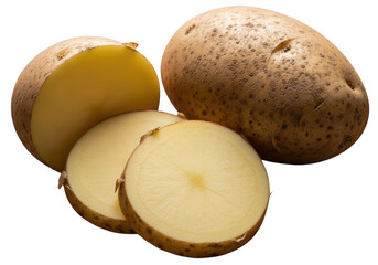 Fresh potato cut and whole isolated on transparent background for cooking and recipes