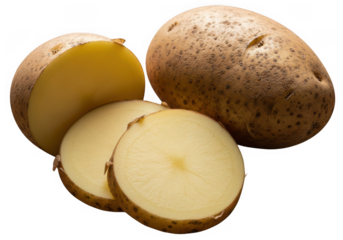 Fresh potato cut and whole isolated on transparent background for cooking and recipes
