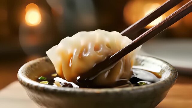A delicate moment in Asian cuisine unfolds as chopsticks carefully dip into a steaming bowl of soup, lifting a plump dumpling to its tender finale, capturing the cultural heritage and global.