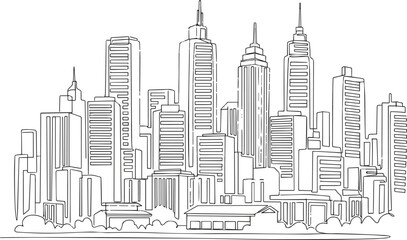 Isolated a City landscape panorama in one continuous line drawing. Modern buildings and skyscrapers in cityscape in simple linear style. Perspective blueprint in editable stroke. Doodle vector art . © Akhi