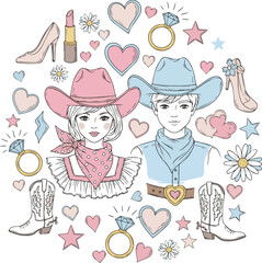 Isolated a Cowgirl and cowboy set in hand drawn coquette style. Retro whimsical symbols for bachelorette and girls birthday party. Trendy and cute art for holidays banner. Doodle sketch vector art.