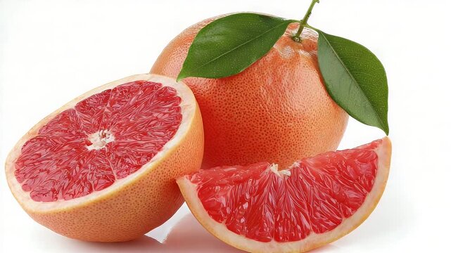 Red grapefruit, segments, and leaves on white
