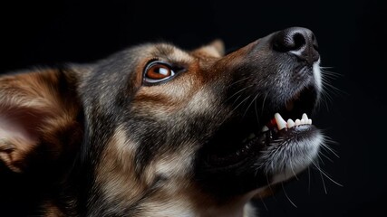 Close-up of a dog looking upwards against a dark background, showcasing its features and expressions