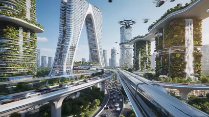 Futuristic cityscape with ecofriendly skyscrapers and advanced transportation - Powered by Adobe