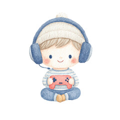 Happy Gamer Boy Watercolor Illustration with Headphones.