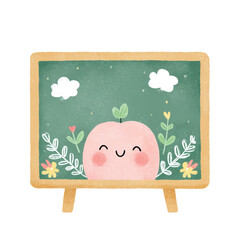 Happy Peach Character on Green Chalkboard Whimsical Illustration.