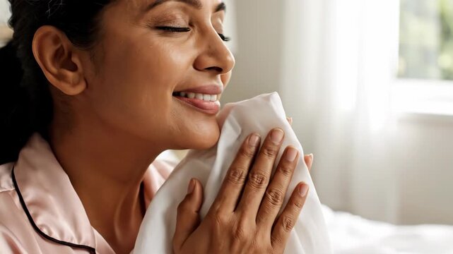 Woman Holds Soft White Fabric up to Her Face in Bright Bedroom