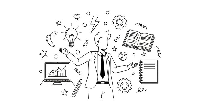 Conceptual line art of a business strategist presenting ideas for growth and innovation