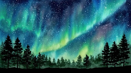 Watercolor night sky with green aurora borealis and starry galaxy above dark pine forest silhouette
