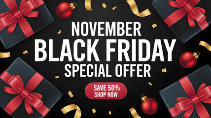 Black friday special offer with gift boxes and confetti on black background