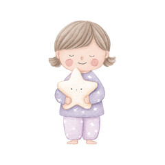 Cute Sleepy Girl Holding Star Pillow Watercolor Illustration.