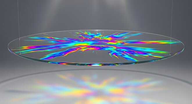 Abstract colorful light spectrum pattern on a transparent disc reflecting vibrant hues on a grey surface
