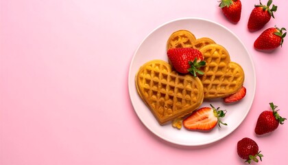 Heart-shaped waffles are presented with fresh strawberries on a white plate, set against a pink background with negative space
