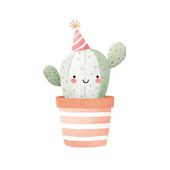 Cute Watercolor Cactus with Party Hat Illustration.