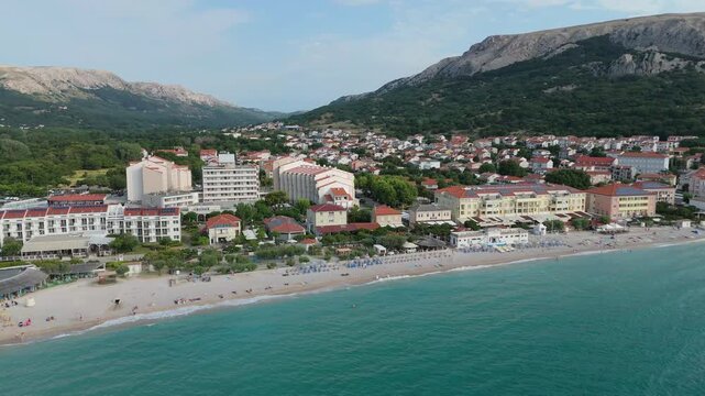Aerial Drone View The Famous Holiday Resort Town Of Baska On Krk Island, Croatia.