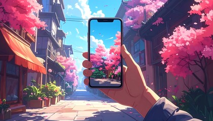 Hand holding phone showing cherry blossoms in street. Houses line sides, blue sky. Digital art in anime style