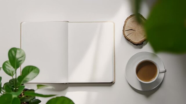Blank book, coffee, and wood slice on a white surface