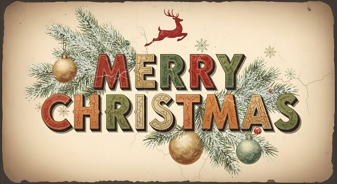 Rustic merry Christmas sign with reindeer and ornaments