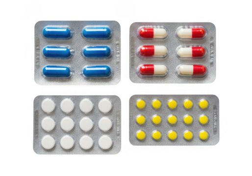 Assorted pills and capsules in blister packs isolated on transparent background healthcare medical pharmacy