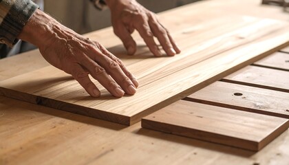 Hands hold a wooden board on a table, showcasing the wood's grain and texture in a workshop setting