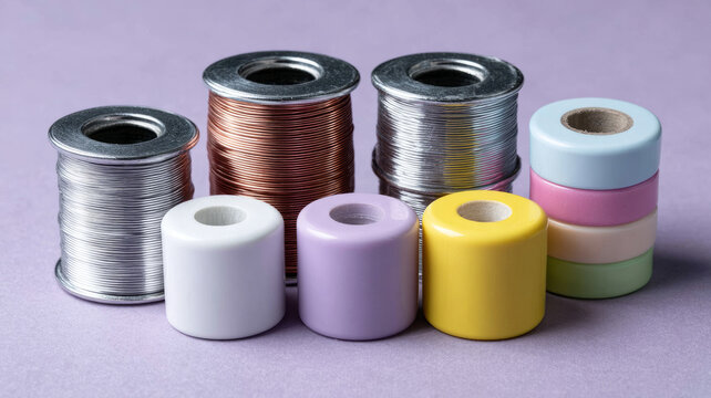 Colorful beads and wire spools for crafting on a purple background