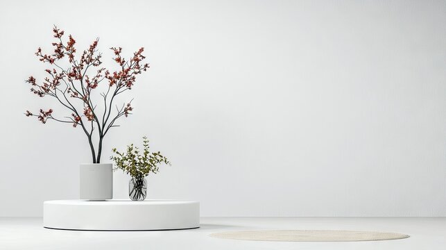 A minimalist interior scene featuring a white pedestal with a large potted decorative branch and a small vase of greenery, set against a clean white wall and fl