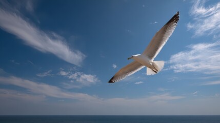 Fototapeta premium Minimalist wildlife image of a single seagull in midair