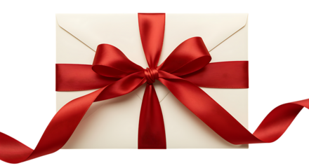 A beautifully wrapped gift box with a vibrant red ribbon on transparent background.