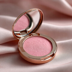 Pink blush in a compact on satin fabric background.