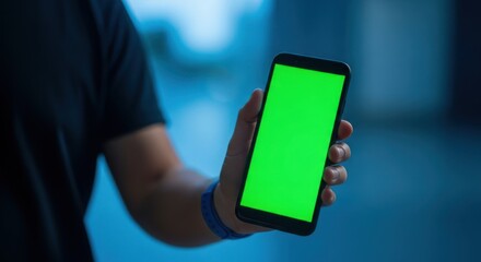 Hand holding modern smartphone with green screen for content