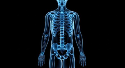Human skeletal system x-ray scan with blue glow, medical anatomy view.