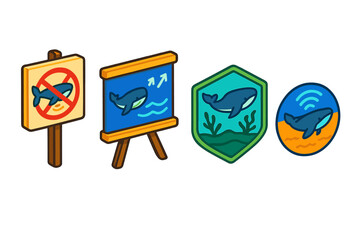 Fototapeta premium Marine Advocacy Icons. Isometric vector illustration set Advocacy and Awareness Icons: Protest sign with whale and sonar,