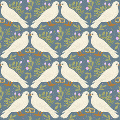 Happy Wedding Day!Two pigeons tenderly kissing surrounded by flowers and pair of wedding rings. Vector seamless pattern