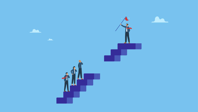 Diverse business people climb up stair to find sill gap to reach goal. Skill gap, employee difficulty or difference knowledge, competence or career problem, talent obstacle or opportunity challenge.