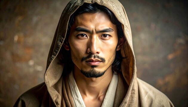 Intense portrait of a man with dark hair wearing a hooded robe against a blurred, textured backdrop