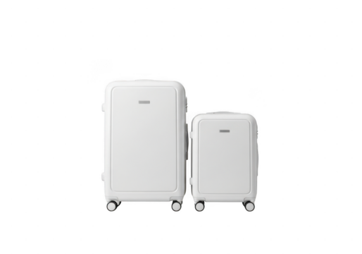 Two white suitcases with wheels standing upright isolated on transparent background