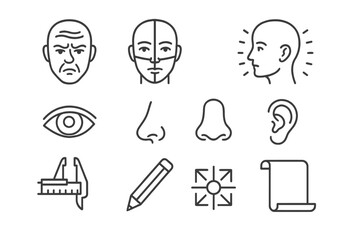 Physiognomy Instrument Icons. Line style icons of Physiognomy Instruments: Forehead Wrinkle Reading, Face Mapping, Character