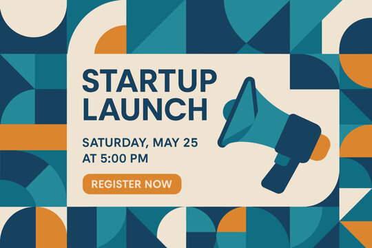 Startup Launch Poster. Flat vector poster for startup launch event, geometric shapes, megaphone illustration, clean corporate