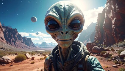 Grey alien takes selfie in rugged desert landscape, with distant planets, blue sky & puffy clouds