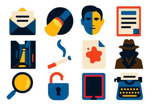 Noir Detective Icons. Flat vector icons of Noir Truth: revealed letter, flashlight beam in darkness, unmasked face, fact document,