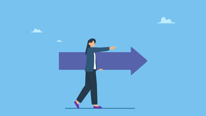 Confidence businesswoman running with arrow direction. Move forward for success future, business direction, determination or courage, career path or way to success, opportunity or mission.
