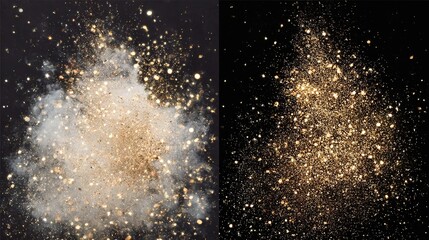 Obraz premium Two glitter explosions with cloud-like dispersion on left and concentrated particles on the right