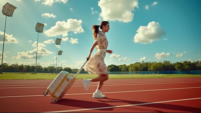 A woman running on a track with a suitcase