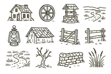 Fototapeta premium Forgotten Farm Icons. Line style icons of Forgotten Farms: Abandoned House, Wagon Wheel, Dry Well, Vast Prairie; Rusted Lantern,