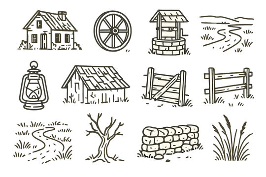 Forgotten Farm Icons. Line style icons of Forgotten Farms: Abandoned House, Wagon Wheel, Dry Well, Vast Prairie; Rusted Lantern,